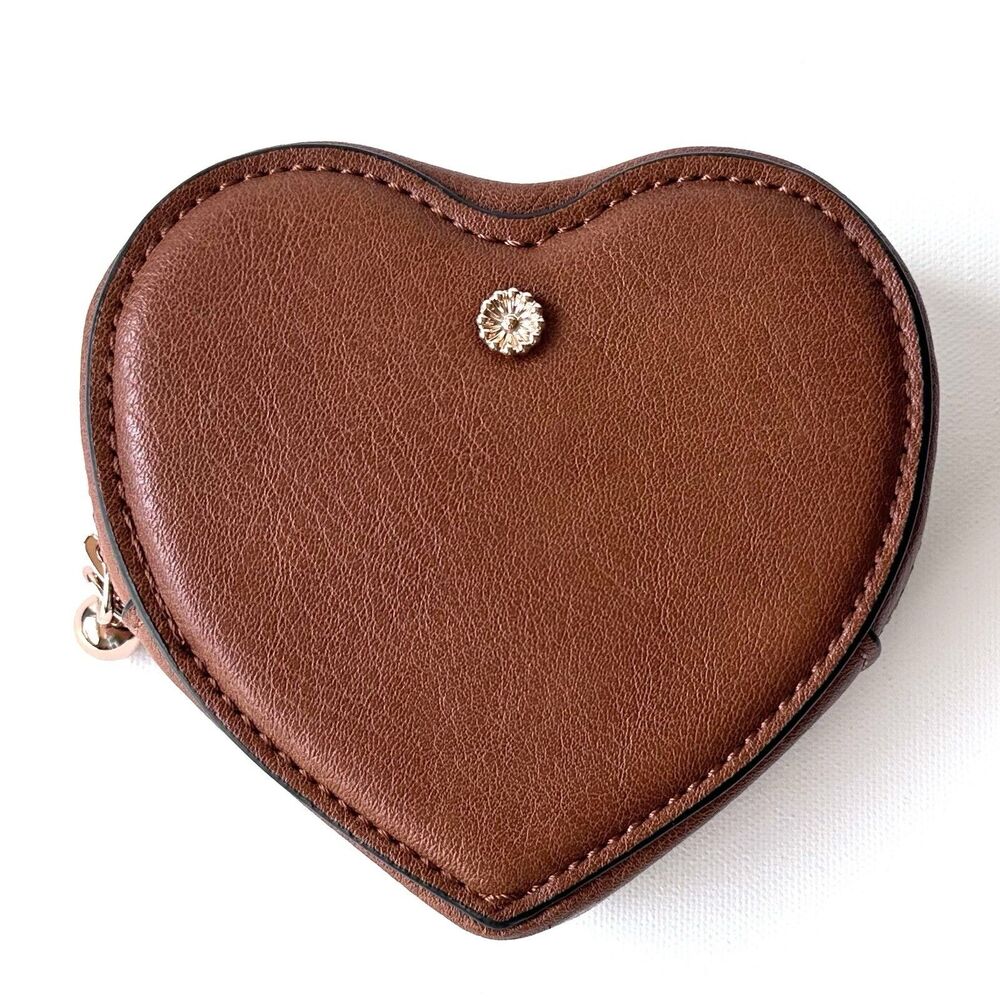 Lauren Conrad LC Heart Coin Purse Brown Faux Leather Zip Keychain Wallet